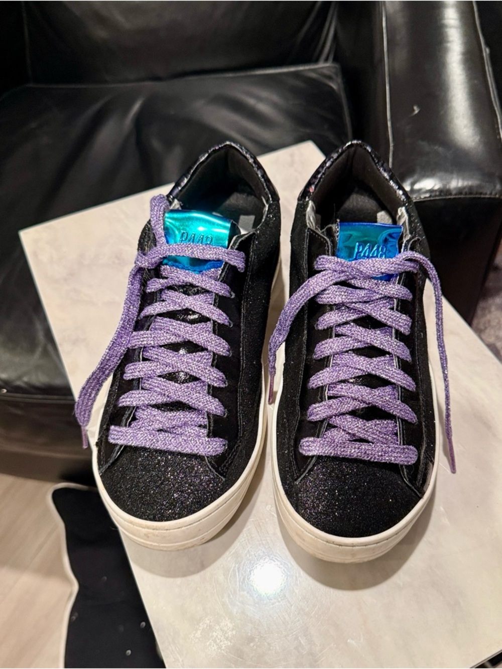 P448 Black Glitter Sneakers with Purple Laces and Blue Metallic Tongue